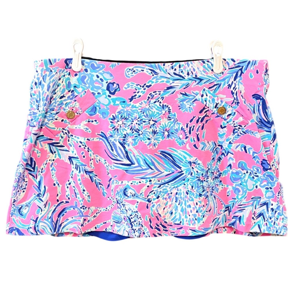 Lilly Pulitzer Madison Pink Seahorse Coral Print Skort Gold Button Accent Sz XL